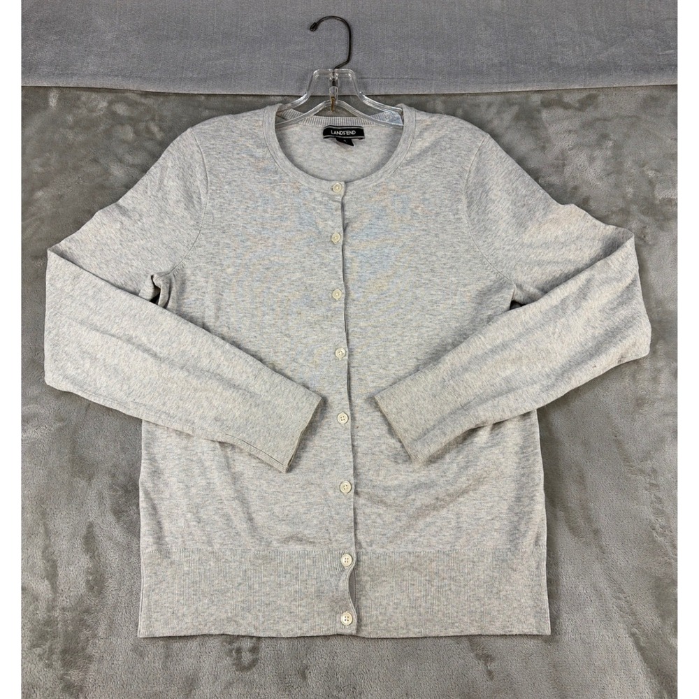 Lands End Womens Small Gray Heather Cotton Blend Button Front Cardigan Sweater‎